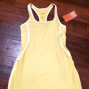 Girlfriend Collective athletic dress- cream yellow with racerback white stripes